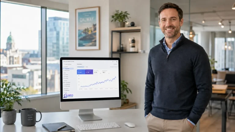 SEO strategist reviewing Google Search Console in a Galway office