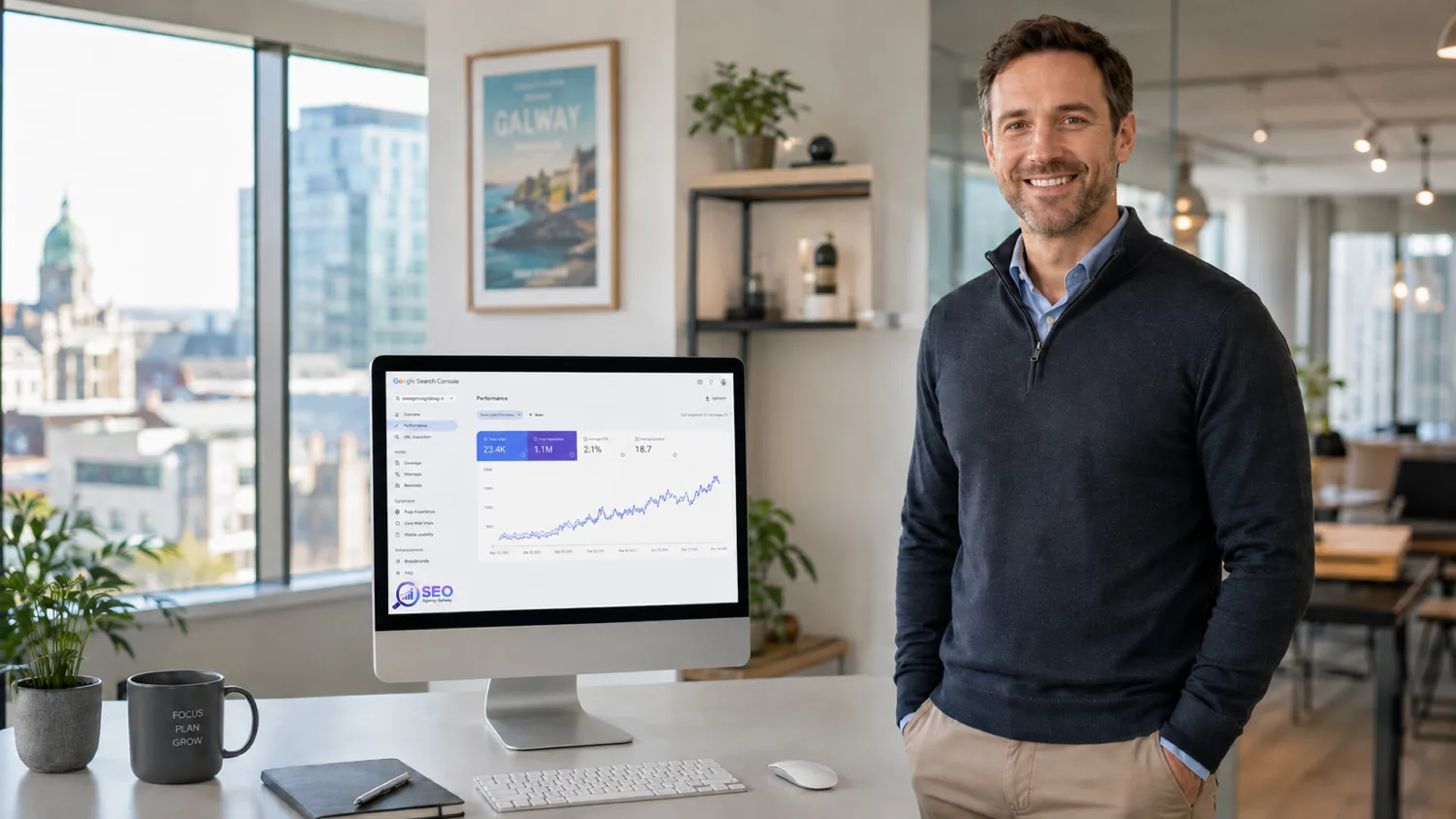 SEO strategist reviewing Google Search Console in a Galway office