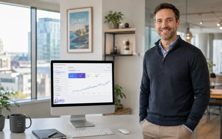 An SEO consultant reviewing search performance in the Galway office